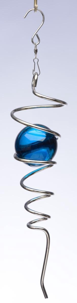 Spin Art windspinner spiraal twister RVS - 26cm lang - glaskogel 50mm blauw 